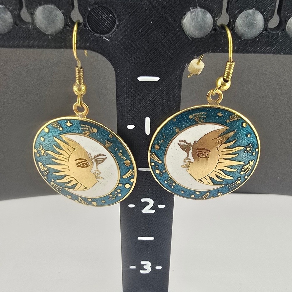 Vintage Estate Sun Moon Earrings Cloisonne Enamel Gold Tone Dangle 1.5"